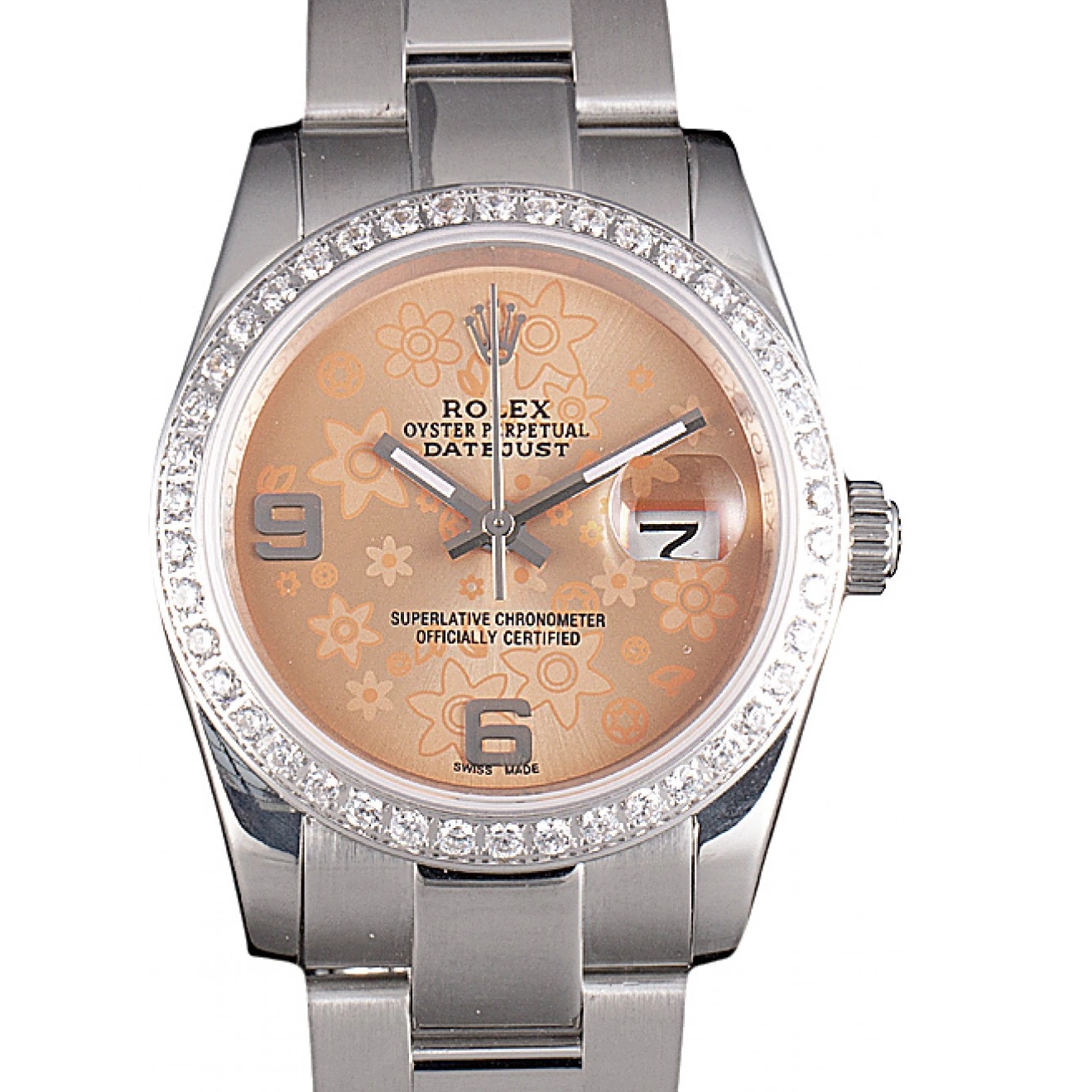 Aaa replica watch Steel Datejust Stainless Plated Orange Rolex Flowers Dial Diamond Polished 0702